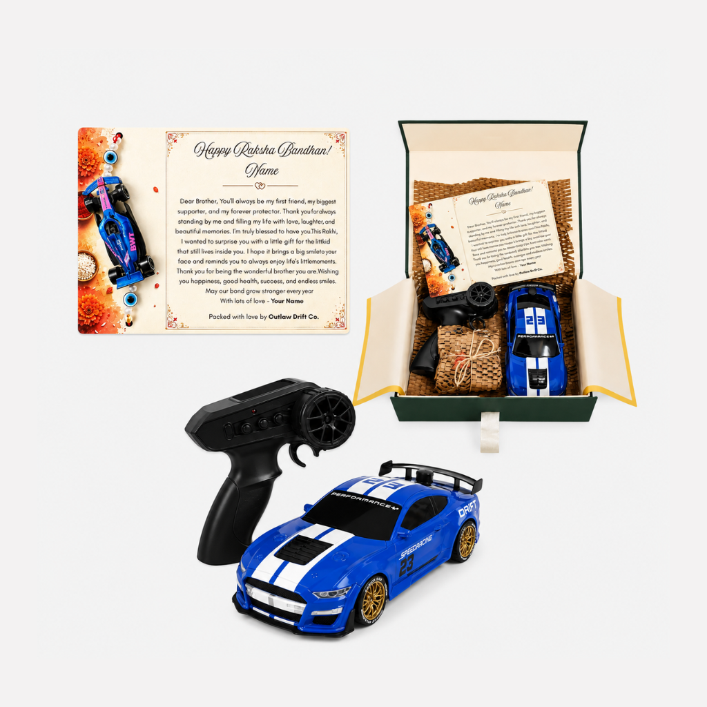 Personalized Rakhi Gift Box + ODC Sports Series Mustang RC Car With Smoke (1:24)