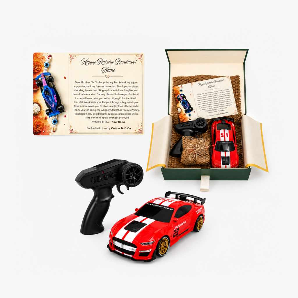 Personalized Rakhi Gift Box + ODC Sports Series Mustang RC Car With Smoke (1:24)
