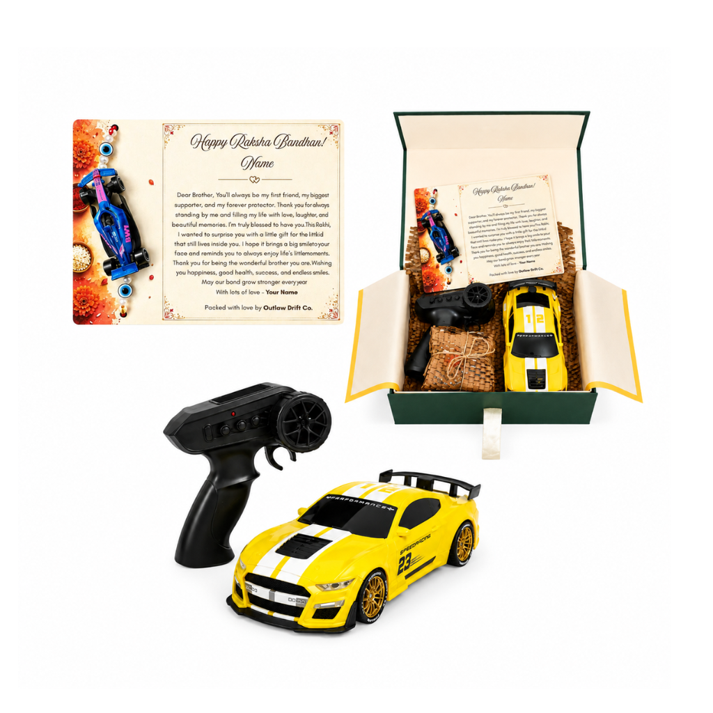Personalized Rakhi Gift Box + ODC Sports Series Mustang RC Car With Smoke (1:24)