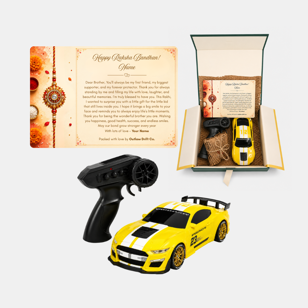 Personalized Rakhi Gift Box + ODC Sports Series Mustang RC Car With Smoke (1:24)
