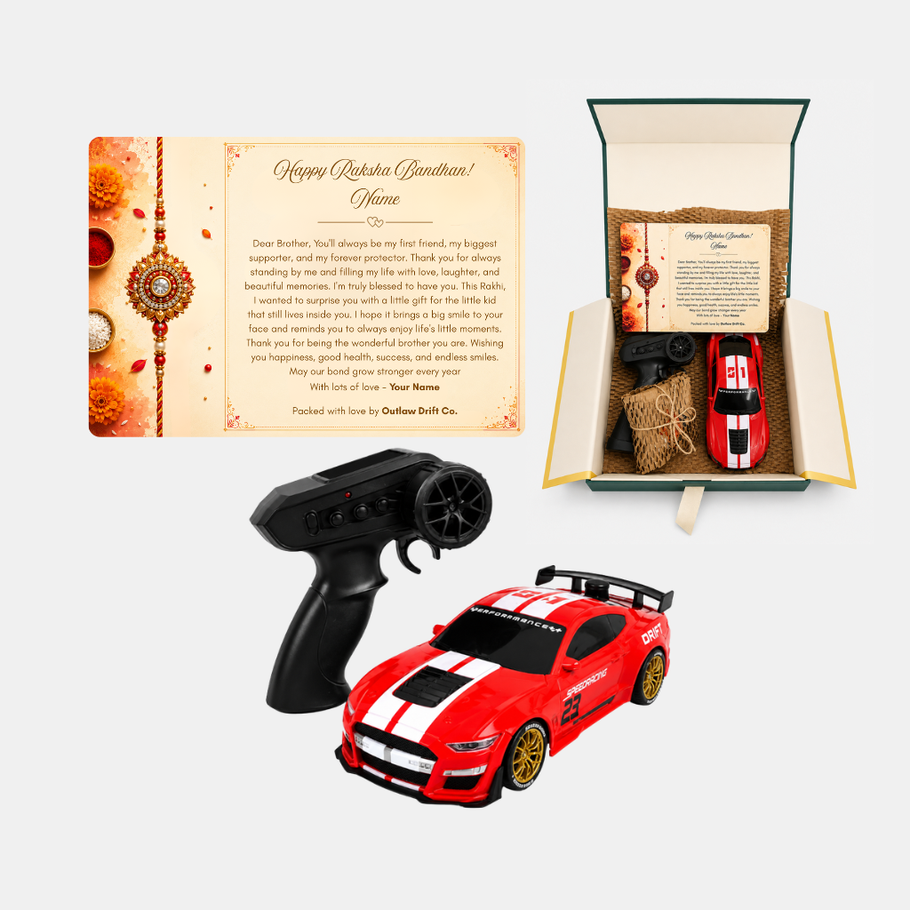 Personalized Rakhi Gift Box + ODC Sports Series Mustang RC Car With Smoke (1:24)