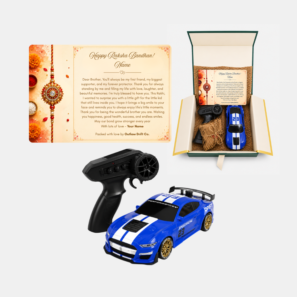 Personalized Rakhi Gift Box + ODC Sports Series Mustang RC Car With Smoke (1:24)