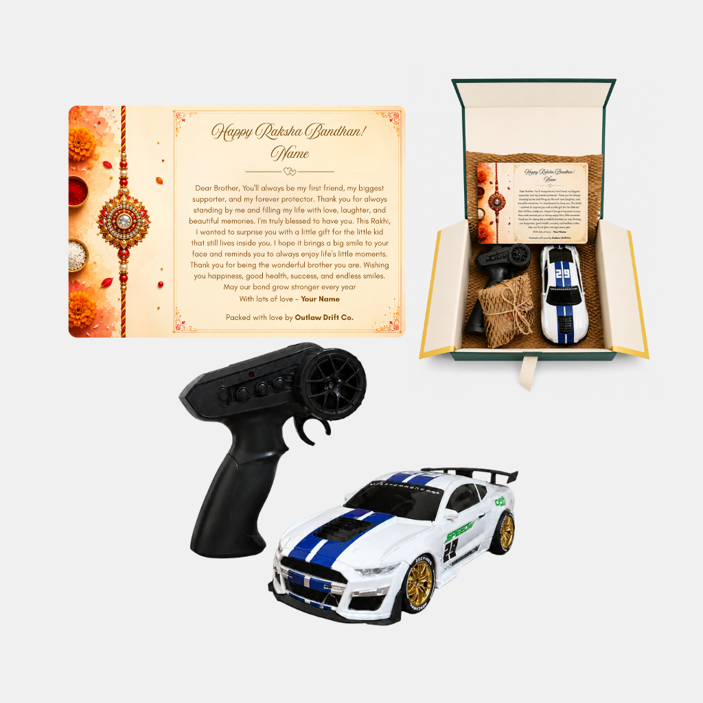 Personalized Rakhi Gift Box + ODC Sports Series Mustang RC Car With Smoke (1:24)