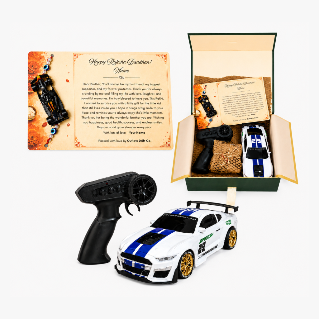 Personalized Rakhi Gift Box + ODC Sports Series Mustang RC Car With Smoke (1:24)